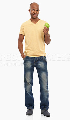Buy stock photo Black man, apple and portrait for health and nutrition, diet with vegan life isolated on white background. Organic, fresh and green with fruit, wellness and healthy food for weight loss in studio