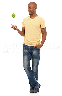 Buy stock photo Black man, apple for health and wellness, diet or detox with vegan life isolated on white background. Organic, fresh and green with fruit, nutrition and healthy food for weight loss in studio