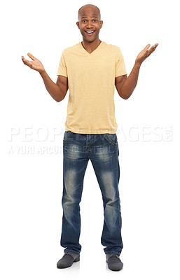 Buy stock photo Portrait, shrug or thinking with black man, questions or guy isolated on white studio background. African person, mockup space or model with expression, decision or choice with doubt, why or reaction