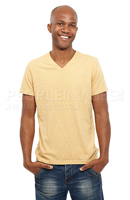 Buy stock photo Portrait, smile and black man with fashion, stylish outfit and confident guy isolated on a white studio background. African person, mockup space and model with trendy clothes, cheerful and joyful