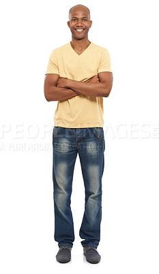 Buy stock photo Portrait, happy and black man with arms crossed, fashion and confident guy isolated on white studio background. African person, mockup space and model with stylish outfit, trendy clothes and smile