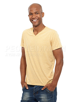 Buy stock photo Portrait, happy and black man with fashion, stylish clothes and confident guy isolated on a white studio background. African person, mockup space and model with trendy outfit, cheerful and smile