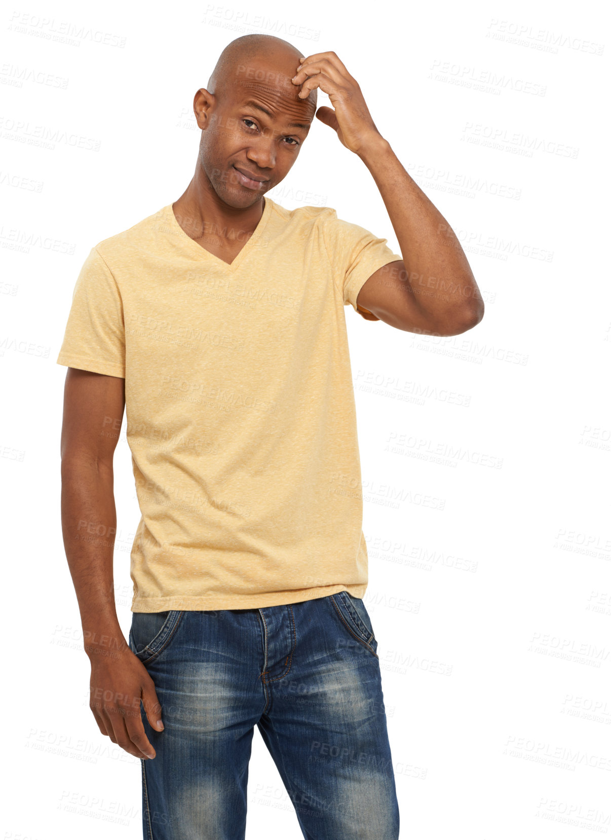 Buy stock photo Portrait, doubt and black man with thinking, ideas and confident guy isolated on white studio background. African person, choice or model with opportunity, confused and decision with questions or why