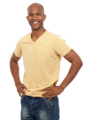 Buy stock photo Portrait, smile and black man with fashion, peaceful and confident guy isolated on a white studio background. African person, mockup space and model with his hands on his hips, casual outfit and joy