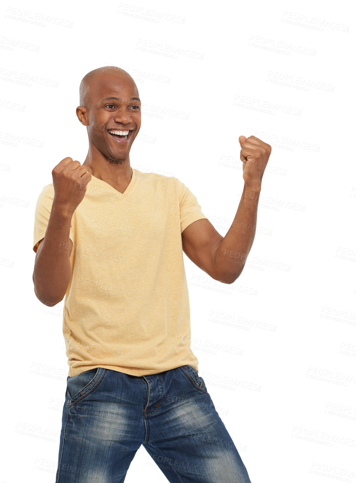 Buy stock photo Cheering, excited and black man with celebration, smile and achievement isolated on a white studio background. African person, mockup space and winner with victory, emoji and wow with omg and success