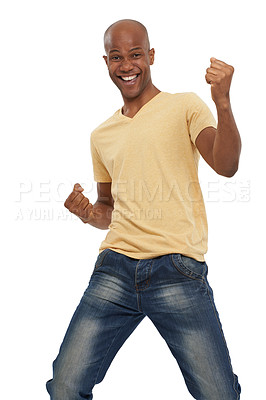 Buy stock photo Cheering, excited and black man with celebration, success and achievement isolated on a white studio background. African person, promotion and winner with victory, emoji and wow with omg and energy