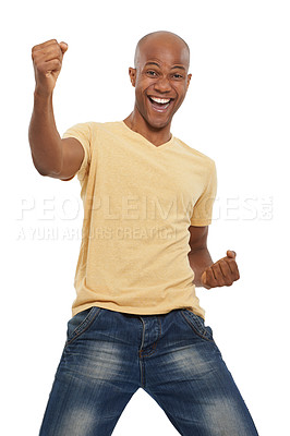 Buy stock photo Cheering, winner and black man with celebration, portrait and achievement isolated on white studio background. African person, mockup space or excited with victory, emoji and wow with omg and success