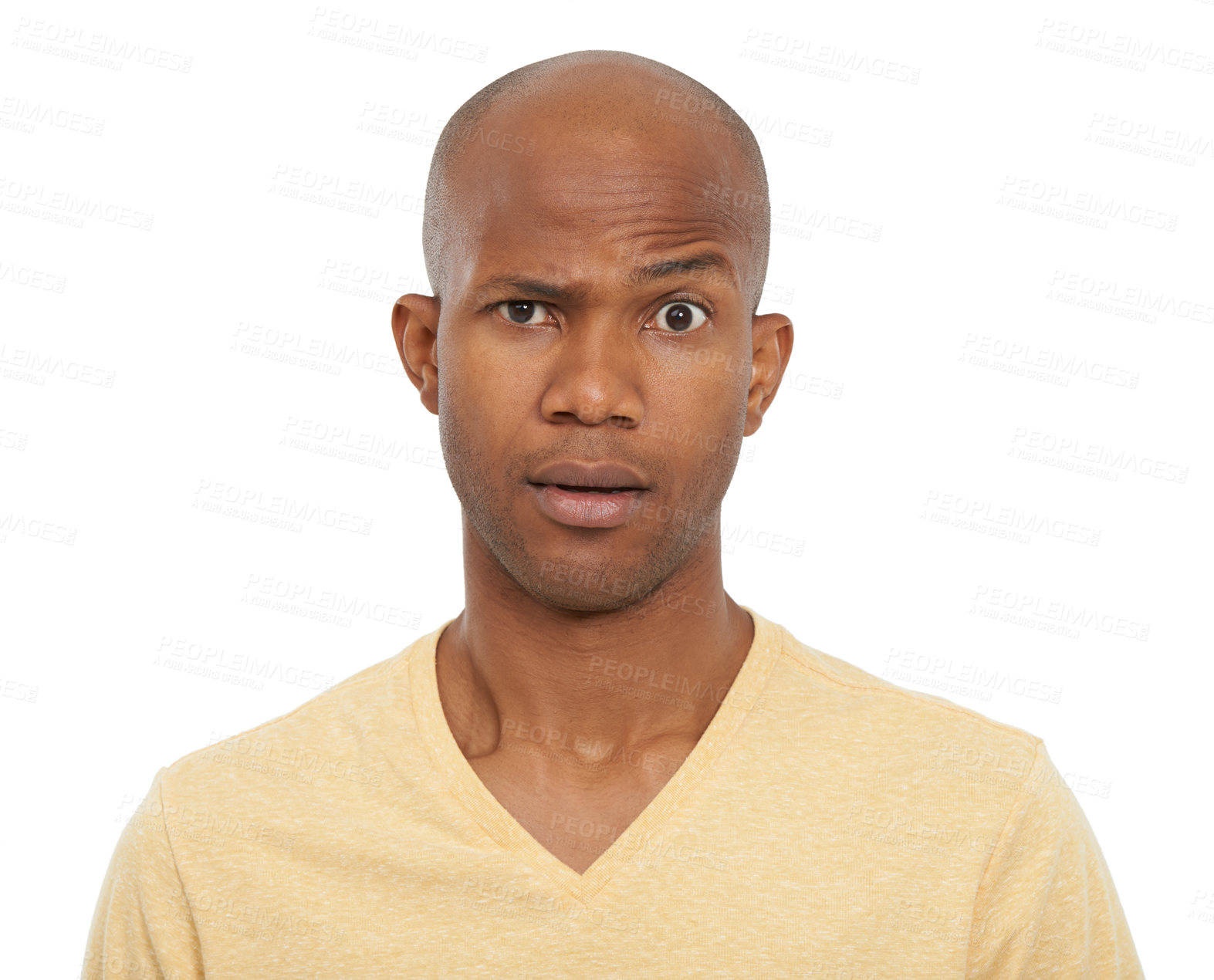 Buy stock photo Portrait, confused and black man with doubt, why and model isolated on white studio background. Face, African person and guy with expression, reaction and omg with emoji, wow and review with feedback