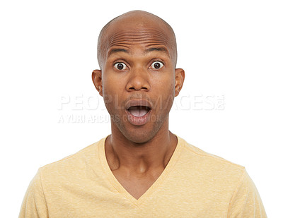 Buy stock photo Portrait, surprise and black man with why, emoji and feedback isolated on white studio background. Face, African person and model with news, shocked and facial expression with omg, gossip or reaction