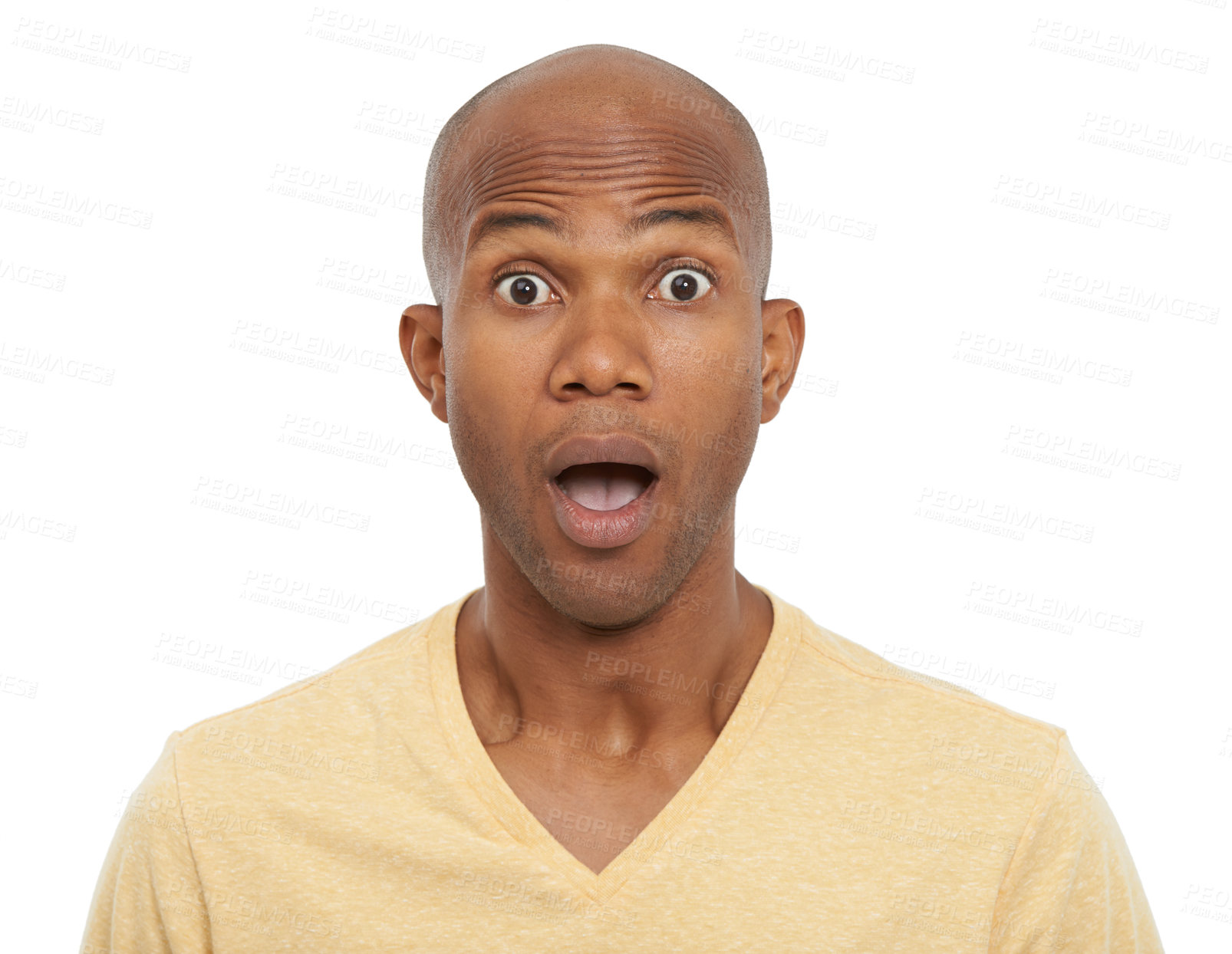 Buy stock photo Portrait, surprise and black man with why, emoji and feedback isolated on white studio background. Face, African person and model with news, shocked and facial expression with omg, gossip or reaction