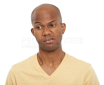 Buy stock photo Portrait, why and black man with questions, thinking and confident guy isolated on white studio background. African person, choice and model with ideas, confused and decision with doubt and solutions