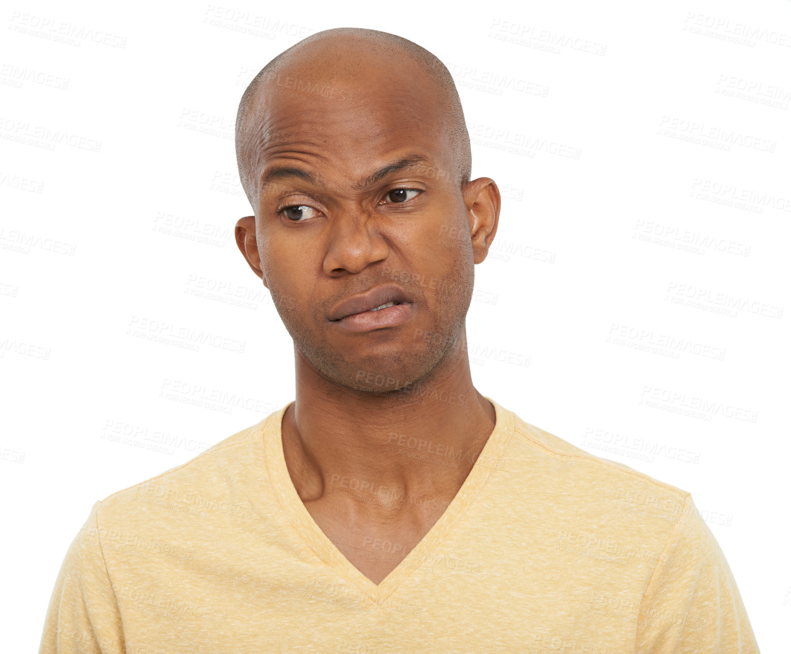 Buy stock photo Portrait, why and black man with questions, thinking and confident guy isolated on white studio background. African person, choice and model with ideas, confused and decision with doubt and solutions