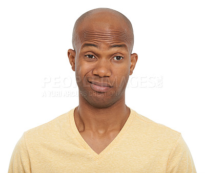 Buy stock photo Why, confused and black man with choice, thinking and guy isolated on white studio background. African person, decision and model with ideas, opportunity and questions with review, doubt and emoji