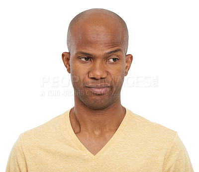 Buy stock photo Thinking, confused and black man with questions, decision and confident guy isolated on white studio background. African person, choice or model with ideas, opportunity and why with doubt or solution