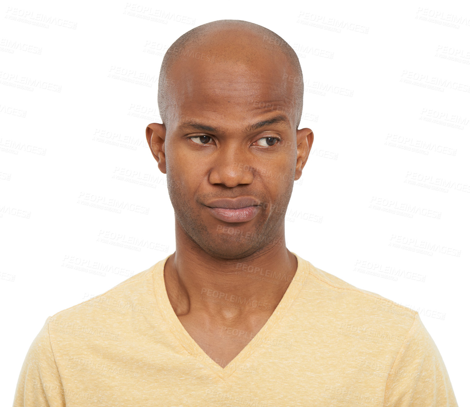 Buy stock photo Thinking, confused and black man with questions, decision and confident guy isolated on white studio background. African person, choice or model with ideas, opportunity and why with doubt or solution