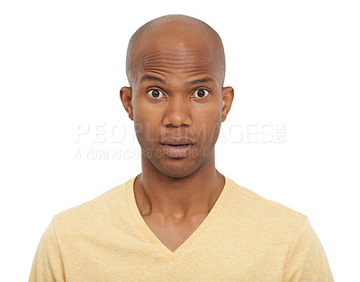 Buy stock photo Portrait, confused and black man with expression, why or model isolated on white studio background. Face, African person or guy with questions, reaction or omg with emoji, wow or review with feedback