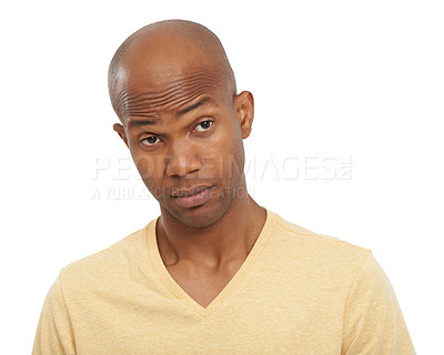 Buy stock photo Emoji, reaction and black man with thinking, confused or confident guy isolated on white studio background. African person, choice or model with feedback, opportunity or decision with solution or why