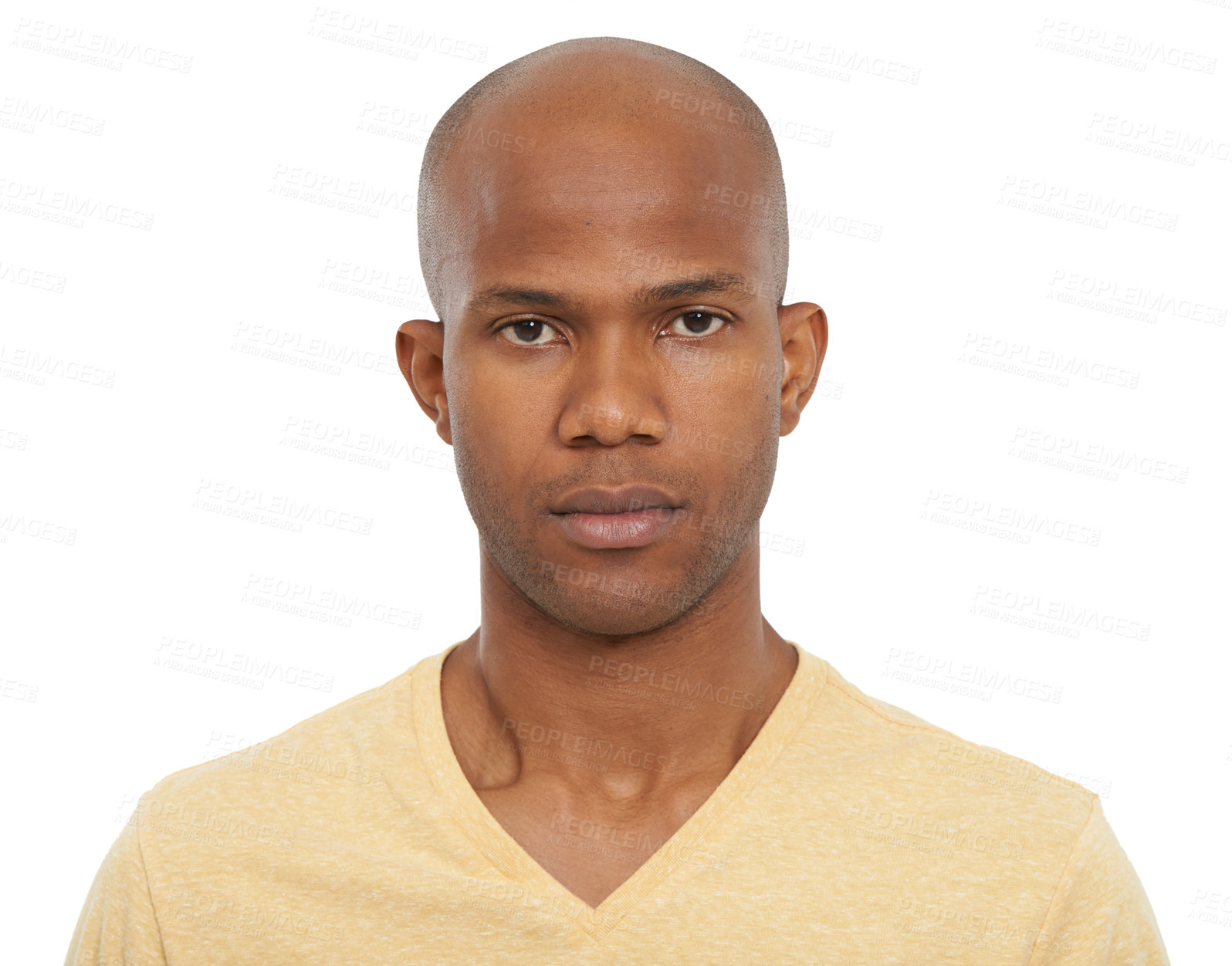 Buy stock photo Black man, portrait and yellow T shirt with straight facial expression on a white studio background. Face of young African male person or model in casual clothing, style or fashion on mockup space