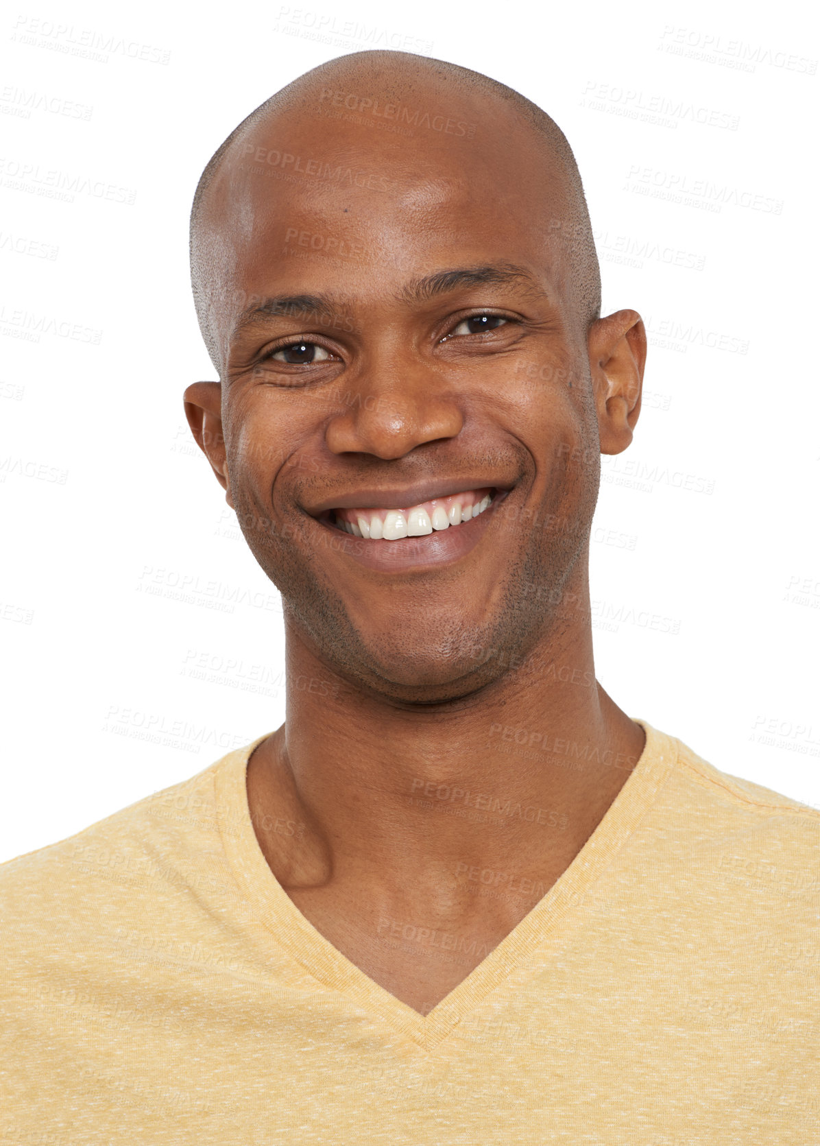 Buy stock photo Happy black man, portrait and yellow T shirt with positive attitude or style on a white studio background. Face of young African male person or bald headed model smile in casual clothing or fashion