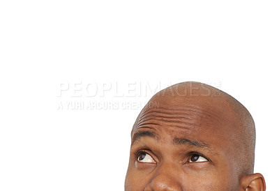 Buy stock photo Black man, face and thinking on mockup space for idea, memory or reminder on a white studio background. Closeup of isolated African male person looking up in wonder or thought for question or vision