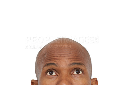Buy stock photo Black man, forehead and thinking on mockup space in idea, memory or reminder on a white studio background. Closeup of isolated African male person looking up in wonder, vision or thought for question