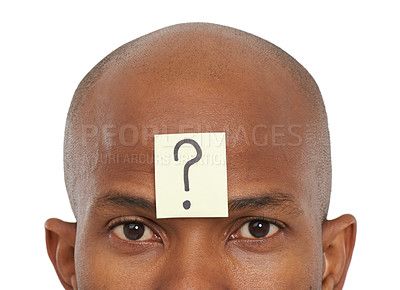Buy stock photo An African-American man with a question mark stuck to his forehead