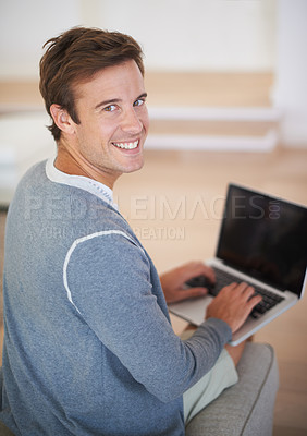 Buy stock photo Man, portrait and laptop brainstorming or home as remote copywriter for problem solving, solution or research. Male person, face and happy web browsing for online blog connection, email or internet