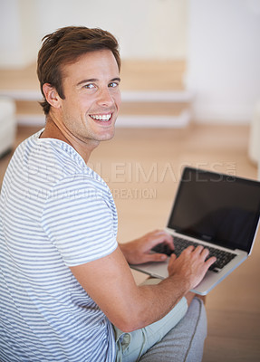 Buy stock photo Man, portrait and laptop or home for remote work as copywriter for problem solving, brain storming or research. Male person, face and happy web browsing for online blog connection, email or internet