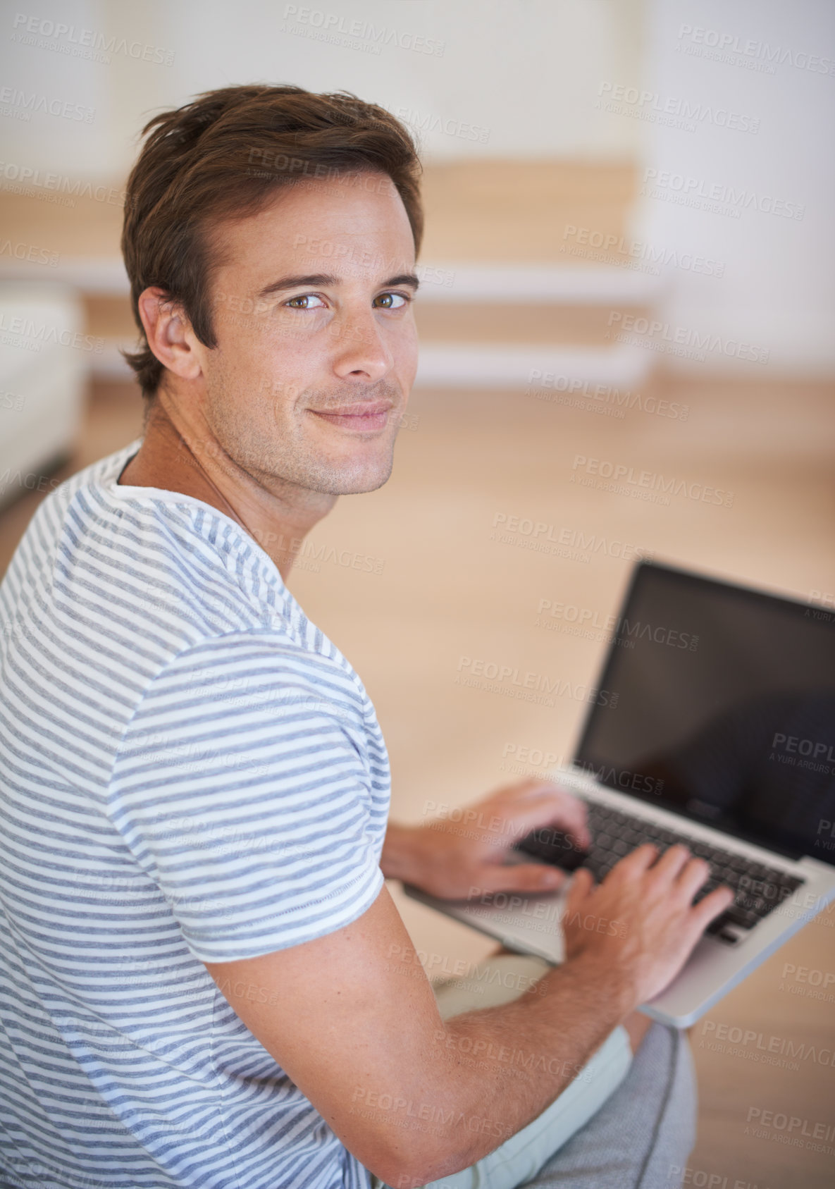 Buy stock photo Man, portrait and laptop in home with confidence, positive and freelancer with typing up project proposal. Person, smile and face with pc for online connection, entrepreneur and working in apartment