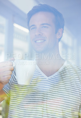 Buy stock photo Man, coffee and thinking by window in home with smile, vision or idea with drink, choice and remember in morning. Person, tea cup and happy with view for memory, decision or relax on holiday in house