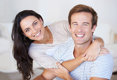 Buy stock photo Portrait, couple hug and love with trust, marriage and happiness at home, healthy relationship and affection. People bonding, loyalty and connection with smile, partner and romance together at house