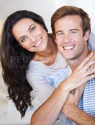 Buy stock photo Portrait, couple hug and love with care, marriage and happiness at home, healthy relationship and trust. People bonding, loyalty and connection with smile, partner and romance together at house