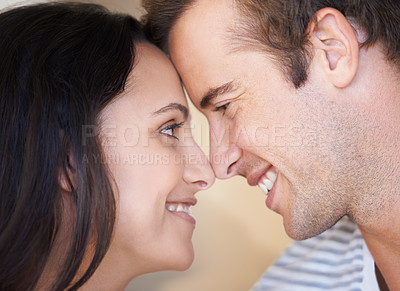 Buy stock photo Couple, forehead touch and romance for love, loyalty and commitment or security in marriage. Happy people, together and affection in outdoors, support and connection in relationship or closeup