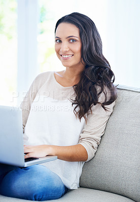 Buy stock photo Woman, portrait and laptop in home in confidence, happy and freelancer with typing project on sofa. Person, smile and face with computer in online connection, entrepreneur and technology in apartment