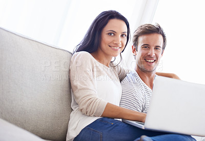 Buy stock photo Couple, laptop and portrait on sofa with care, living room and wellness in marriage for bonding together. Face , woman and man for happy in committed relationship, relax weekend and love in apartment