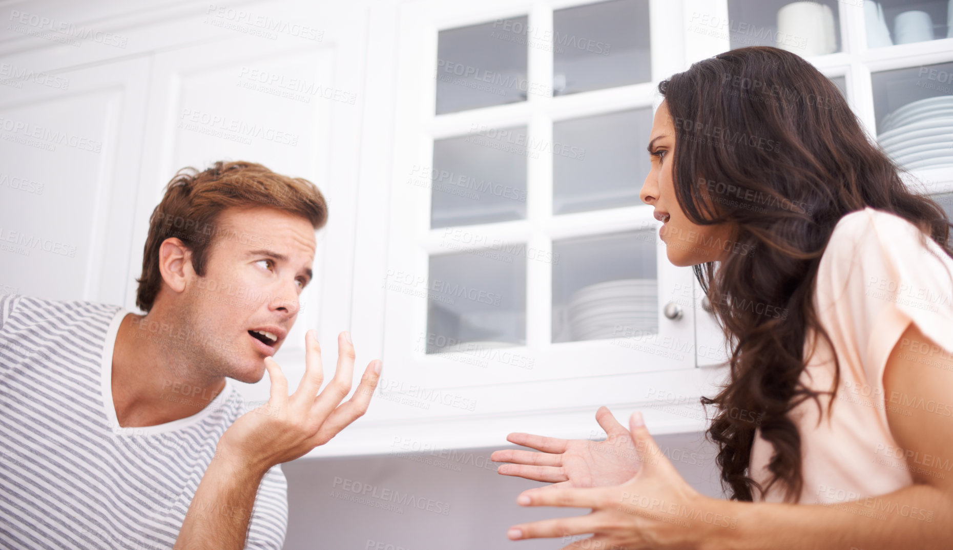 Buy stock photo Couple, stress and fight, angry and conflict with crisis in life, mistake or marriage fail with anxiety at home. Frustrated people arguing in kitchen, cheating or problem with risk of divorce