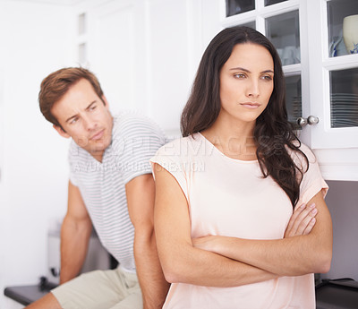 Buy stock photo Angry, woman and man fight with conflict or drama in life, mistake or marriage fail, anxiety and stress at home. Frustrated couple argue in kitchen, cheating problem or crisis with risk of divorce