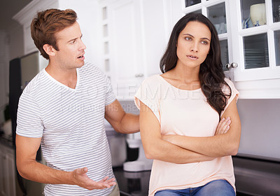 Buy stock photo Angry woman, man and fight, conflict and stress with problem, mistake in marriage or communication fail. Couple at home, disagreement or crisis with drama, toxic relationship and risk of divorce 