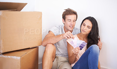 Buy stock photo Couple, color swatches and choice, new home and interior design and real estate. Property, planning renovation and people moving with boxes and investment, mortgage and palette for decision for paint