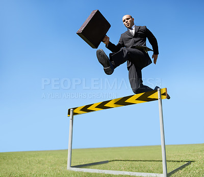 Buy stock photo Businessman, hurdle and jumping for career challenge or competition or employee obstacles, growth or achievement. Male person, briefcase and leap at work for professional goals, overcome or milestone