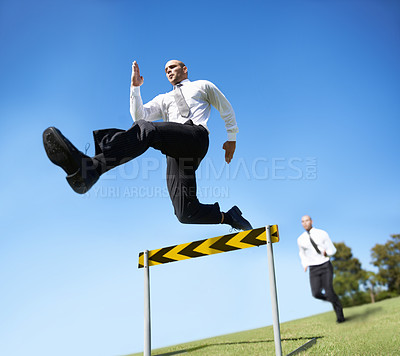 Buy stock photo Businessman, hurdle and jumping for career competition or  employee obstacle, opponent or achievement. Male people, corporate rivals and leap for professional growth or challenge, milestone or mockup