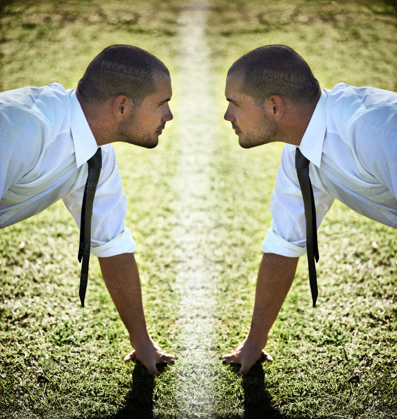 Buy stock photo Businessman, sports field and challenge competition or mirror reflection or self improvement, corporate or goals. Male person, suit and outdoor work professional or start growth, obstacle or training