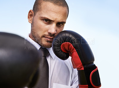 Buy stock photo Business man, portrait and boxing gloves for attack or warrior, self defence and fitness for power. Male person, strong and equipment for fight or corporate challenge, exercise and sky background