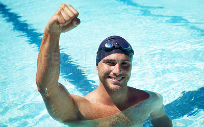Buy stock photo Man, swimming pool and portrait for athlete win or sports achievement fist, performance or happy. Male person, face and water cardio competition or training confidence, physical activity or exercise