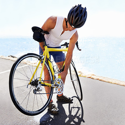 Buy stock photo Man, bicycle and wheel service on road for safe cycling transport, performance or puncture. Male person, tyre and  gear improvement for speed or endurance or triathlon training, sport or practice