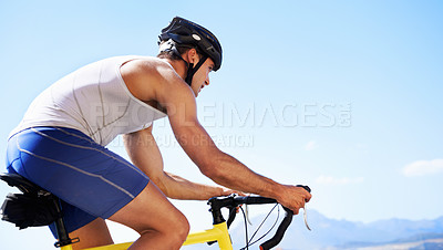 Buy stock photo Man, cyclist and road fitness or workout for healthy wellness, competition or training. Male person, bicycle and physical activity in summer for athlete endurance or preparation, sport or triathlon