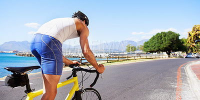 Buy stock photo Cycling, sports or man on bicycle travel, morning trip or journey for outdoor fitness, exercise or workout. Road, mockup space or back of person on bike for cardio, activity or training in Miami, USA