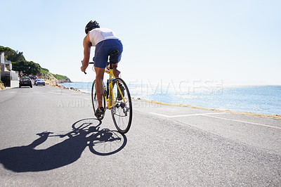 Buy stock photo Cycling, back and sports person on bicycle travel, trip or journey for outdoor fitness, exercise or workout. Motion, mockup sky space and athlete ride sustainable bike for practice, hobby or training