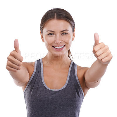 Buy stock photo Fitness, thumbs up and portrait of woman in a studio for weight loss and health workout success. Happy, sports and young female athlete with agreement hand gesture for training by white background.