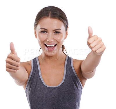 Buy stock photo Happy, thumbs up and portrait of woman in a studio for weight loss fitness or workout success. Smile, sports and young female athlete with agreement hand gesture for training by white background.